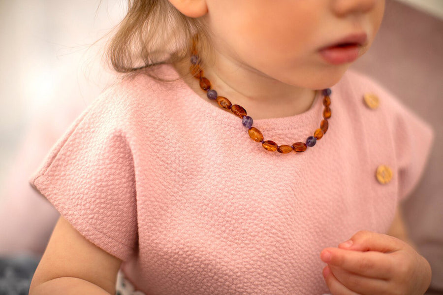 POLISHED COGNAC BALTIC AMBER NECKLACE/BRACELET SET WITH AMETHYST