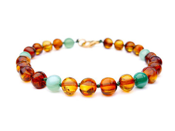 ADJUSTABLE COGNAC BALTIC AMBER ADULT BRACELET WITH JADE