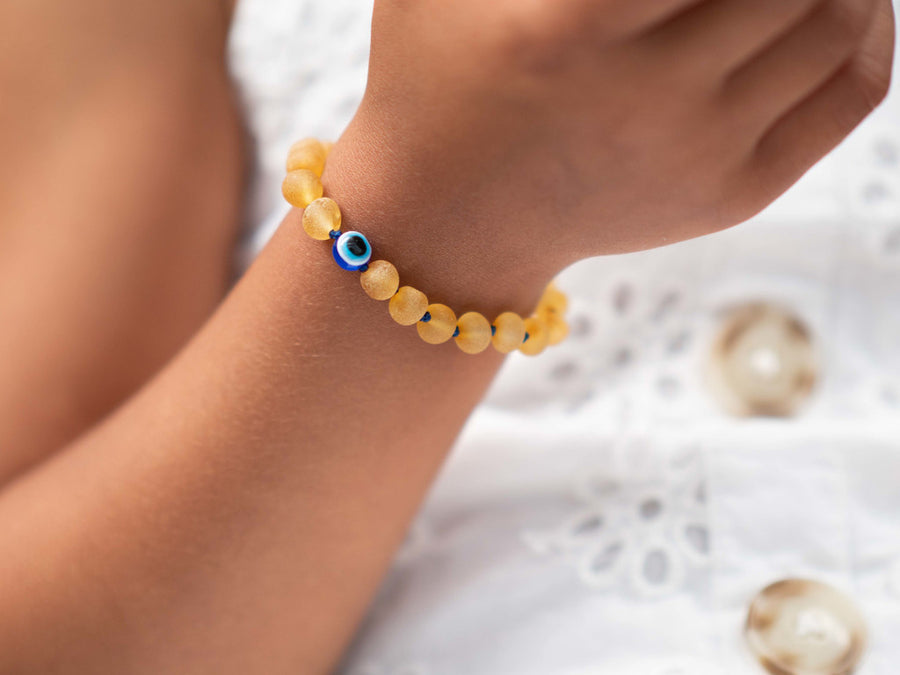 RAW HONEY BALTIC AMBER TEETHING BRACELET / ANKLET WITH EVIL EYE BEAD