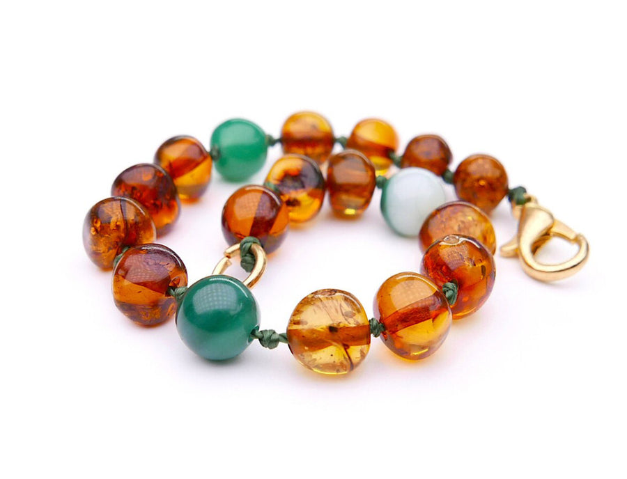 POLISHED COGNAC BALTIC AMBER TEETHING BRACELET / ANKLET WITH AGATE