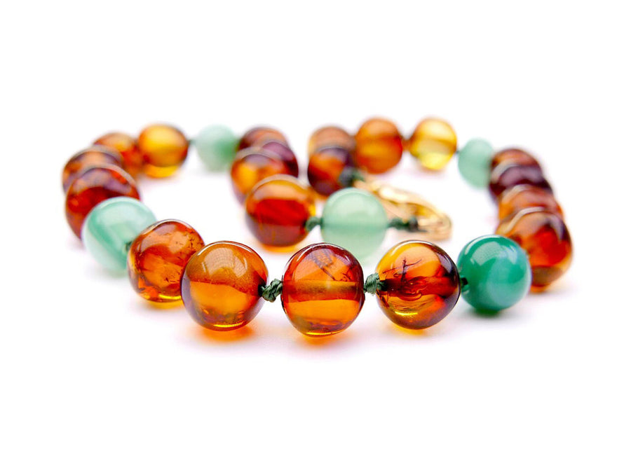 ADJUSTABLE COGNAC BALTIC AMBER ADULT BRACELET WITH JADE