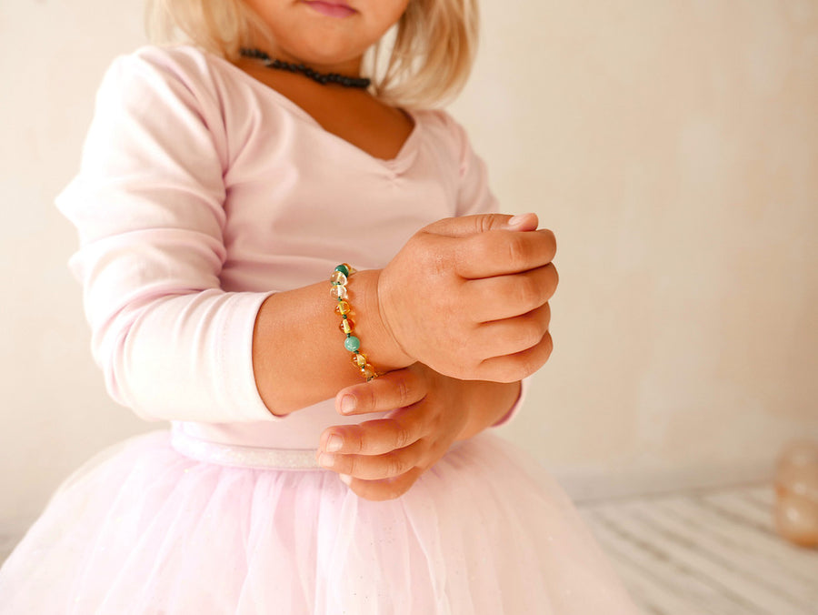 POLISHED LEMON BALTIC AMBER TEETHING BRACELET / ANKLET WITH AGATE