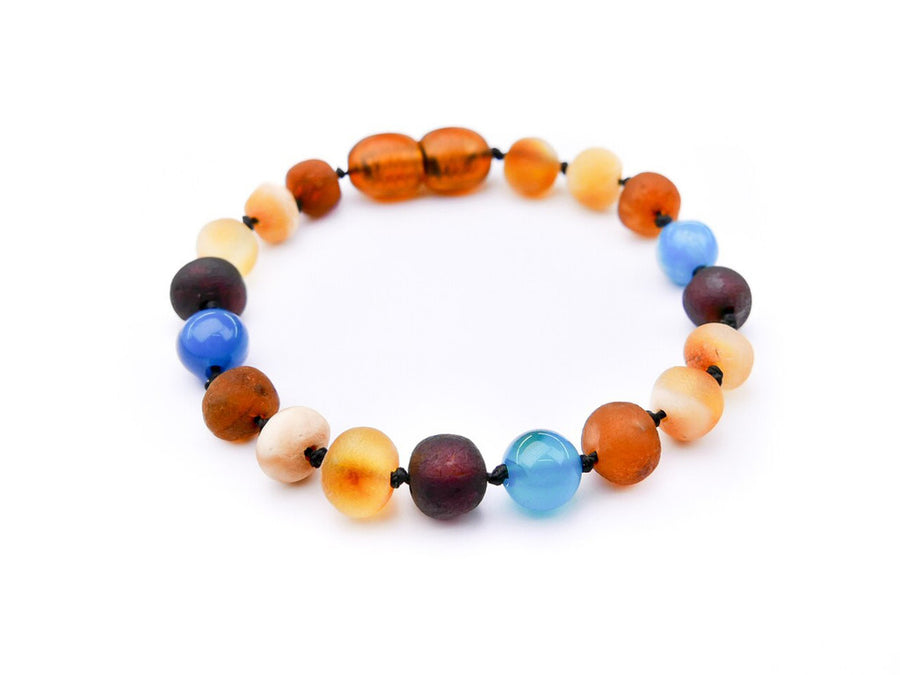 RAW MULTICOLORED BALTIC AMBER BRACELET / ANKLET WITH BLUE AGATE