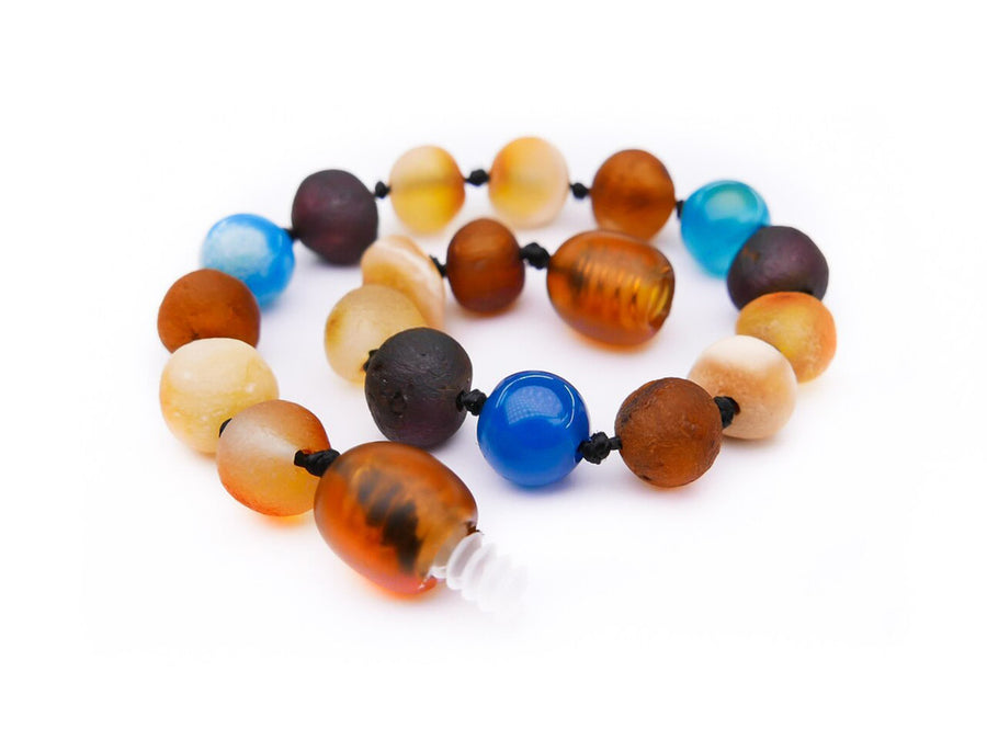 RAW MULTICOLORED BALTIC AMBER BRACELET / ANKLET WITH BLUE AGATE