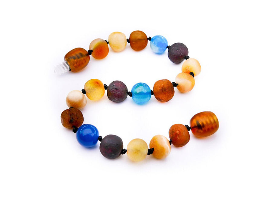 RAW MULTICOLORED BALTIC AMBER BRACELET / ANKLET WITH BLUE AGATE