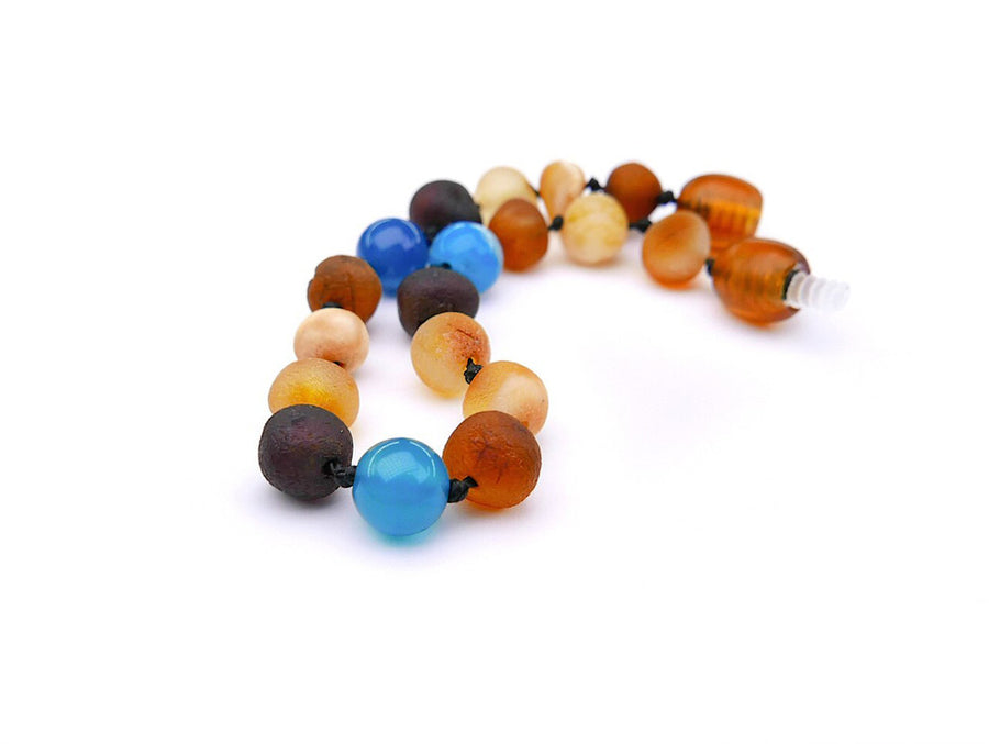 RAW MULTICOLORED BALTIC AMBER BRACELET / ANKLET WITH BLUE AGATE