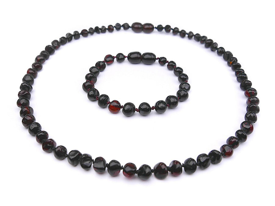 POLISHED DARK CHERRY BALTIC AMBER TEETHING NECKLACE/BRACELET SET