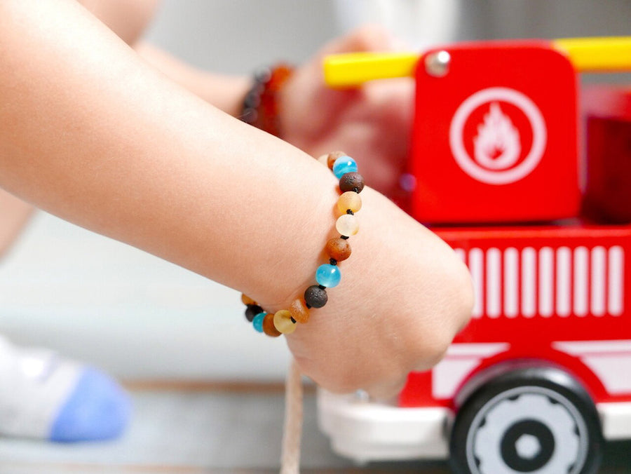 RAW MULTICOLORED BALTIC AMBER BRACELET / ANKLET WITH BLUE AGATE