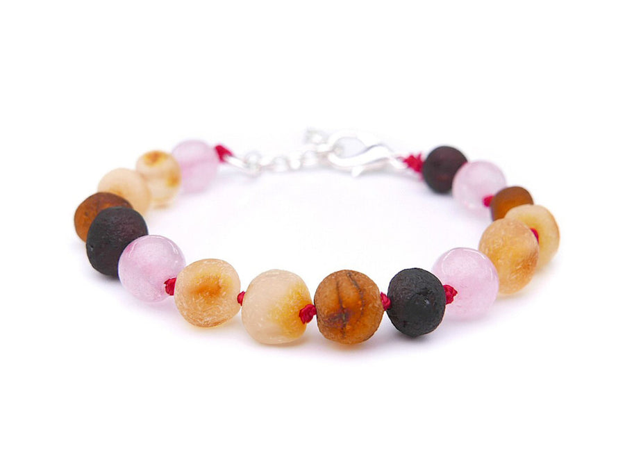 ADJUSTABLE RAW MULTICOLOR BALTIC AMBER BRACELET / ANKLET WITH ROSE QUARTZ