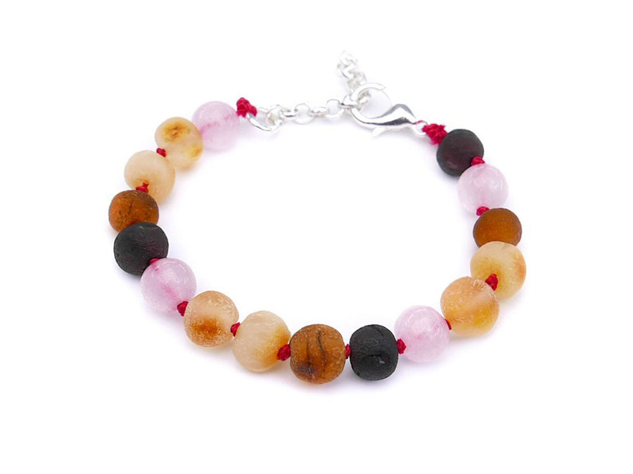 ADJUSTABLE RAW MULTICOLOR BALTIC AMBER BRACELET / ANKLET WITH ROSE QUARTZ