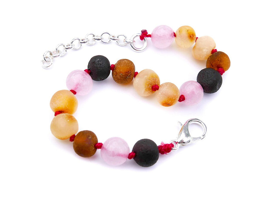 ADJUSTABLE RAW MULTICOLOR BALTIC AMBER BRACELET / ANKLET WITH ROSE QUARTZ