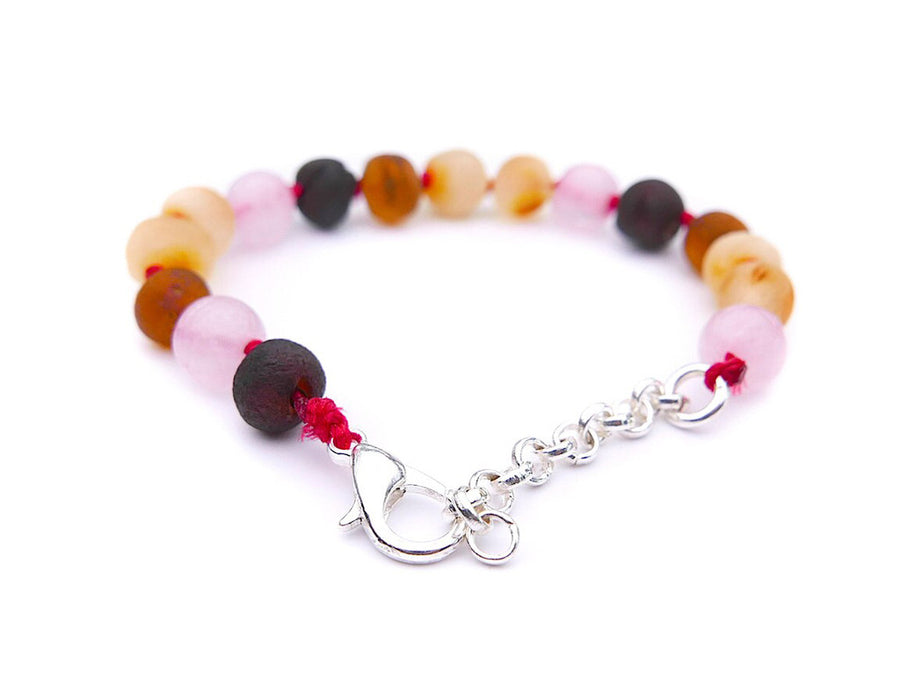 ADJUSTABLE RAW MULTICOLOR BALTIC AMBER BRACELET / ANKLET WITH ROSE QUARTZ