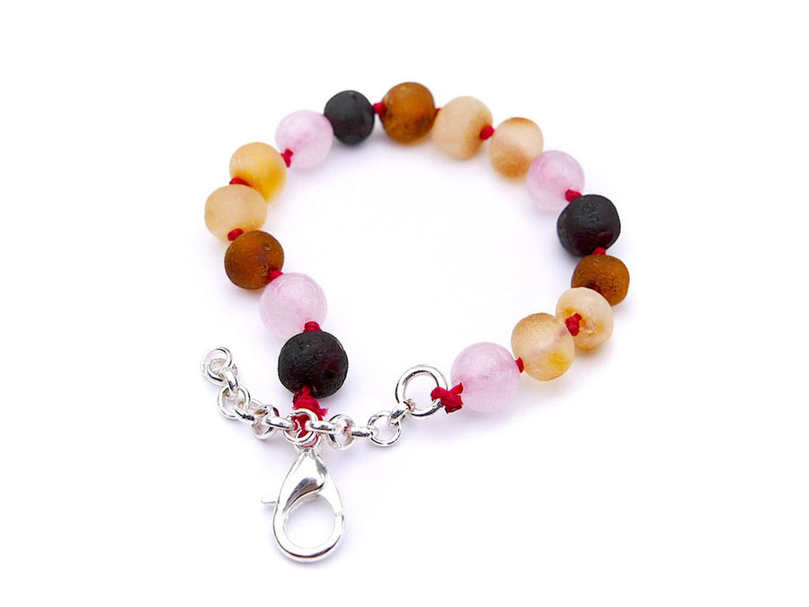 ADJUSTABLE RAW MULTICOLOR BALTIC AMBER BRACELET / ANKLET WITH ROSE QUARTZ