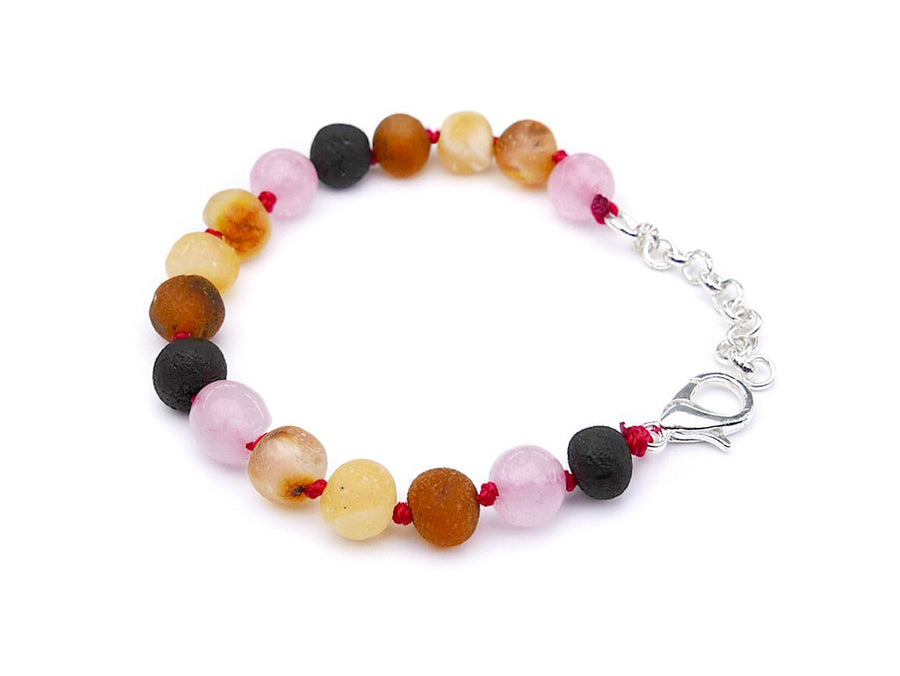 ADJUSTABLE RAW MULTICOLOR BALTIC AMBER BRACELET / ANKLET WITH ROSE QUARTZ