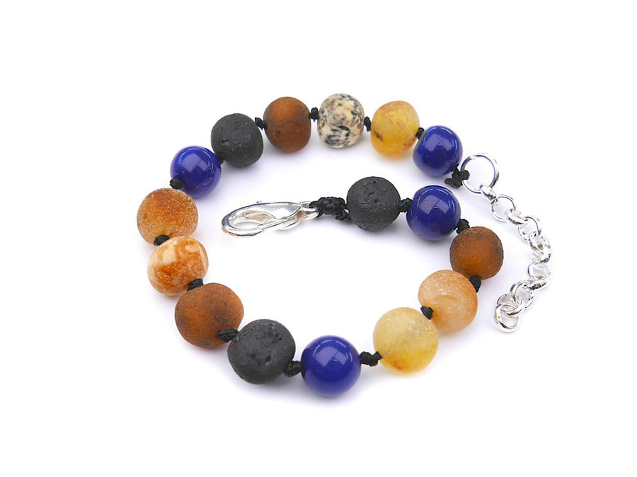 ADJUSTABLE RAW MULTICOLOR BALTIC AMBER BRACELET / ANKLET WITH BLUE AGATE