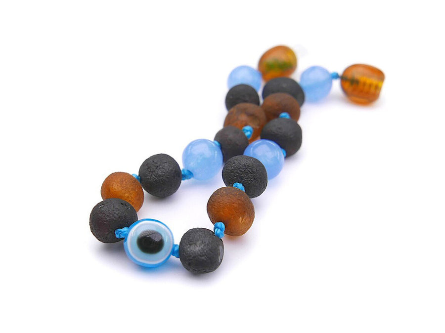 RAW MULTICOLORED BALTIC AMBER BRACELET / ANKLET WITH BLUE JADE BEADS