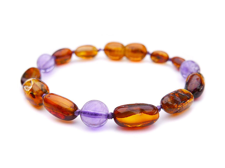 POLISHED COGNAC BALTIC AMBER BRACELET / ANKLET WITH AMETHYST