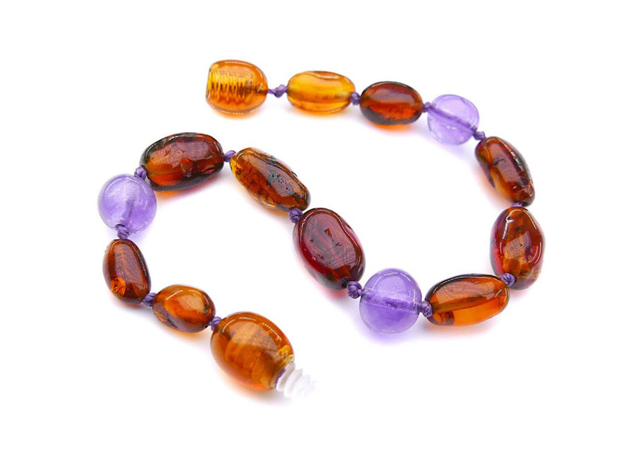 POLISHED COGNAC BALTIC AMBER BRACELET / ANKLET WITH AMETHYST