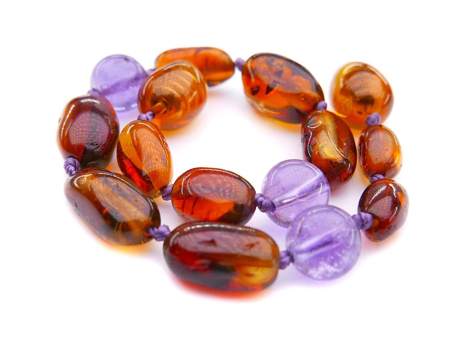 POLISHED COGNAC BALTIC AMBER BRACELET / ANKLET WITH AMETHYST