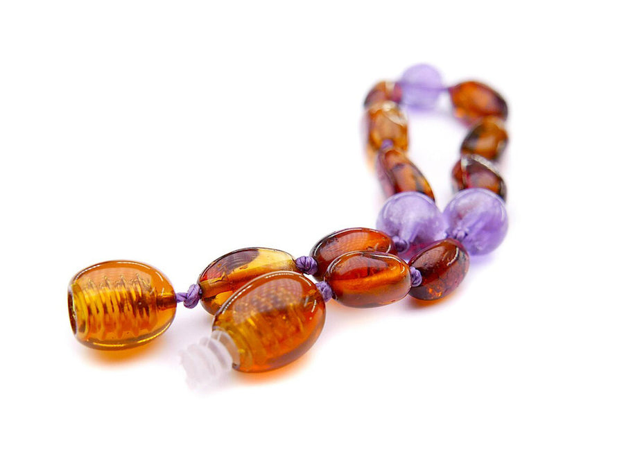 POLISHED COGNAC BALTIC AMBER BRACELET / ANKLET WITH AMETHYST