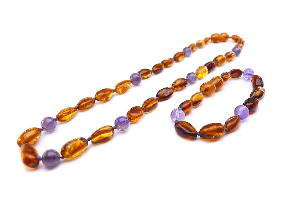 POLISHED COGNAC BALTIC AMBER NECKLACE/BRACELET SET WITH AMETHYST