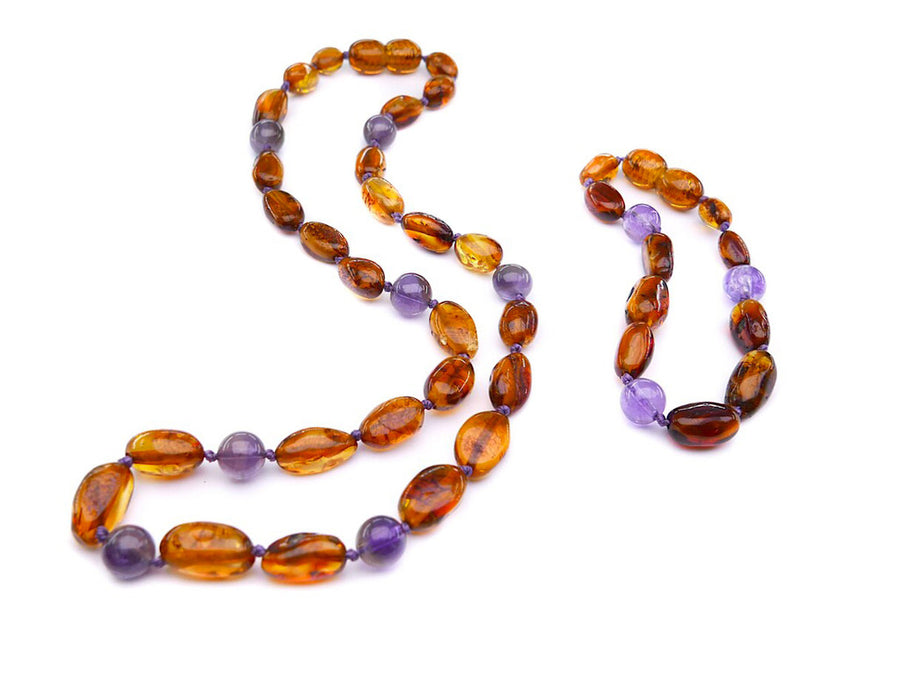 POLISHED COGNAC BALTIC AMBER NECKLACE/BRACELET SET WITH AMETHYST