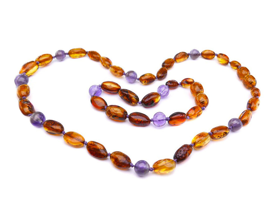 POLISHED COGNAC BALTIC AMBER NECKLACE/BRACELET SET WITH AMETHYST