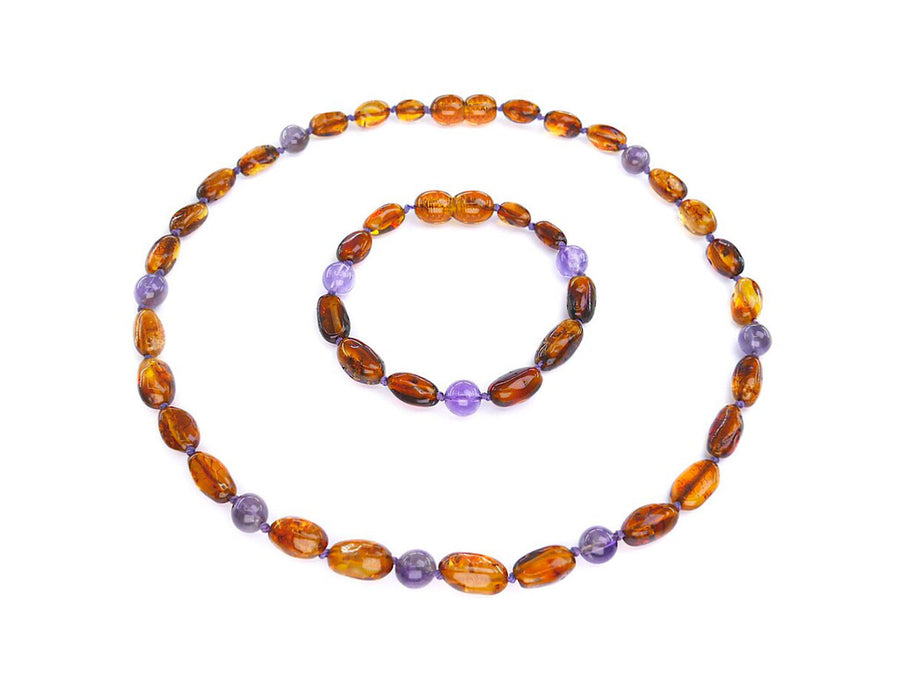 POLISHED COGNAC BALTIC AMBER NECKLACE/BRACELET SET WITH AMETHYST