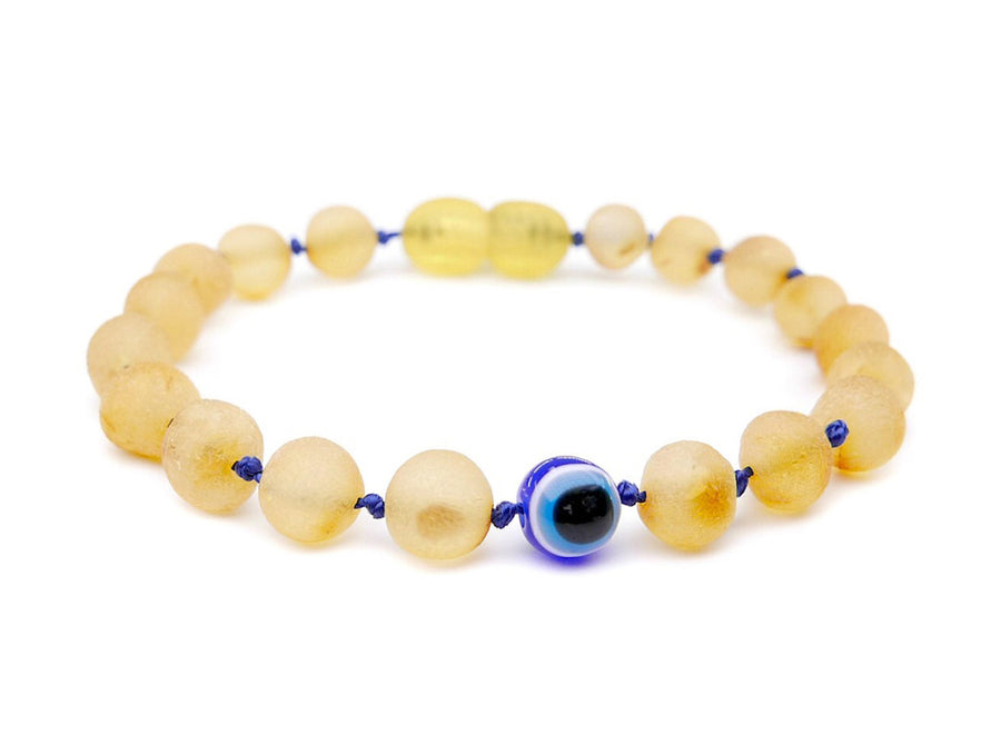 RAW HONEY BALTIC AMBER TEETHING BRACELET / ANKLET WITH EVIL EYE BEAD