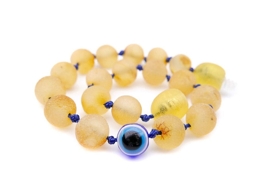 RAW HONEY BALTIC AMBER TEETHING BRACELET / ANKLET WITH EVIL EYE BEAD