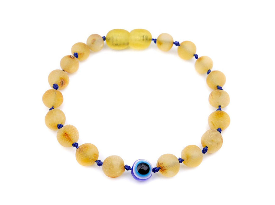 RAW HONEY BALTIC AMBER TEETHING BRACELET / ANKLET WITH EVIL EYE BEAD