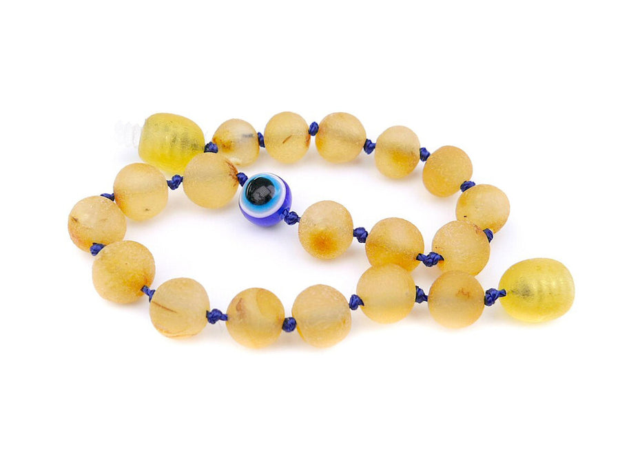 RAW HONEY BALTIC AMBER TEETHING BRACELET / ANKLET WITH EVIL EYE BEAD