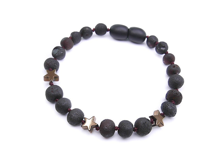 RAW DARK CHERRY BALTIC AMBER BRACELET / ANKLET WITH HEMATITE STAR BEADS