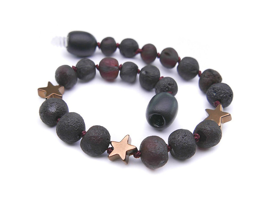 RAW DARK CHERRY BALTIC AMBER BRACELET / ANKLET WITH HEMATITE STAR BEADS