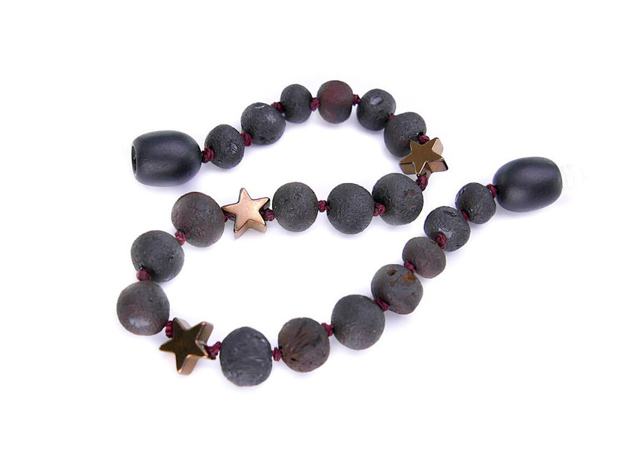 RAW DARK CHERRY BALTIC AMBER BRACELET / ANKLET WITH HEMATITE STAR BEADS