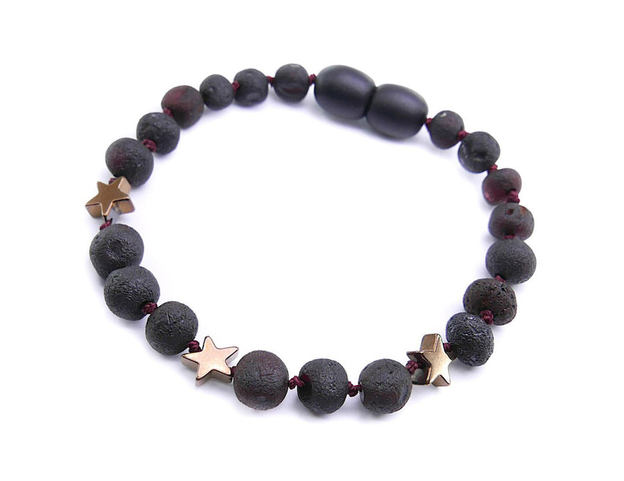 RAW DARK CHERRY BALTIC AMBER BRACELET / ANKLET WITH HEMATITE STAR BEADS