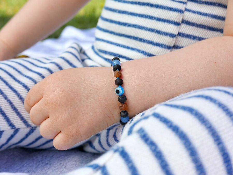 RAW MULTICOLORED BALTIC AMBER BRACELET / ANKLET WITH BLUE JADE BEADS