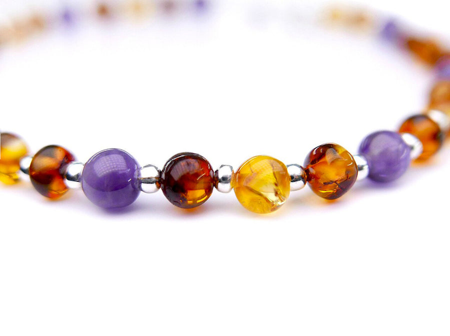 ADJUSTABLE COGNAC BALTIC AMBER ADULT ANKLET WITH AMETHYST