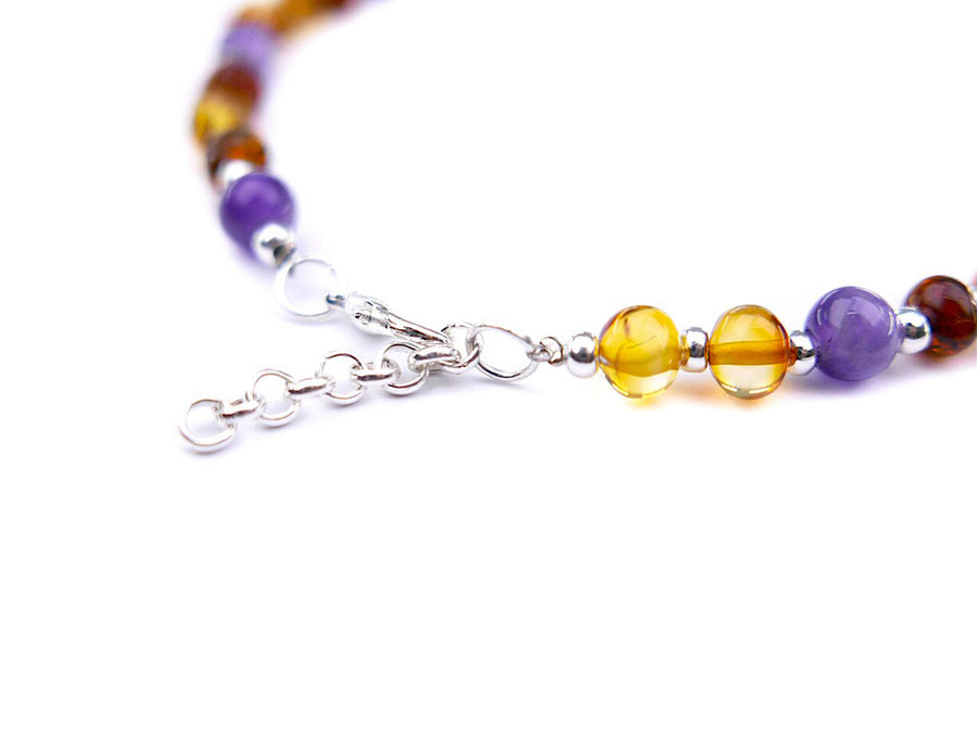 ADJUSTABLE COGNAC BALTIC AMBER ADULT ANKLET WITH AMETHYST