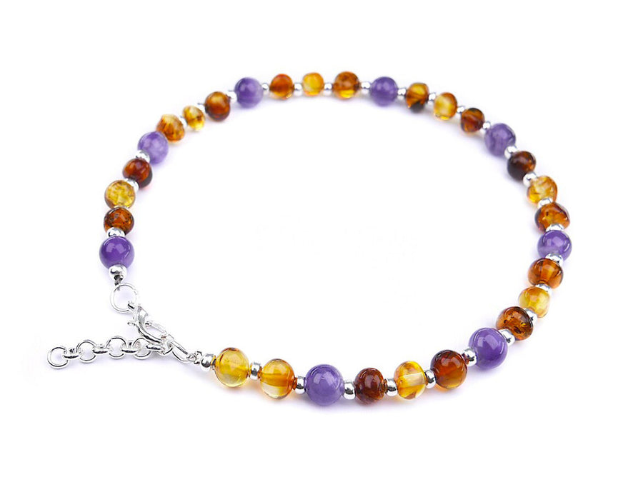 ADJUSTABLE COGNAC BALTIC AMBER ADULT ANKLET WITH AMETHYST