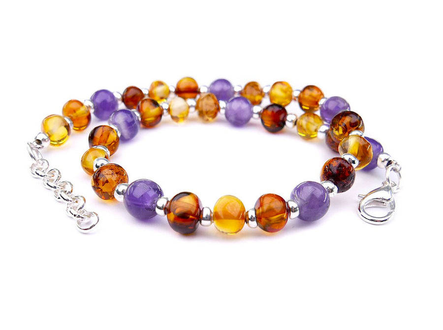 ADJUSTABLE COGNAC BALTIC AMBER ADULT ANKLET WITH AMETHYST