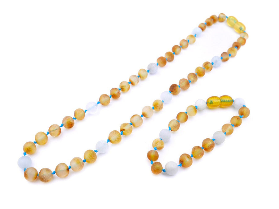 RAW HONEY BALTIC AMBER NECKLACE/BRACELET SET WITH AQUAMARINE