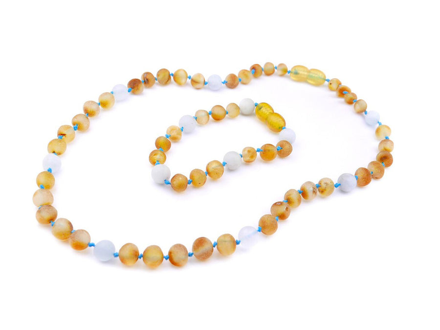 RAW HONEY BALTIC AMBER NECKLACE/BRACELET SET WITH AQUAMARINE