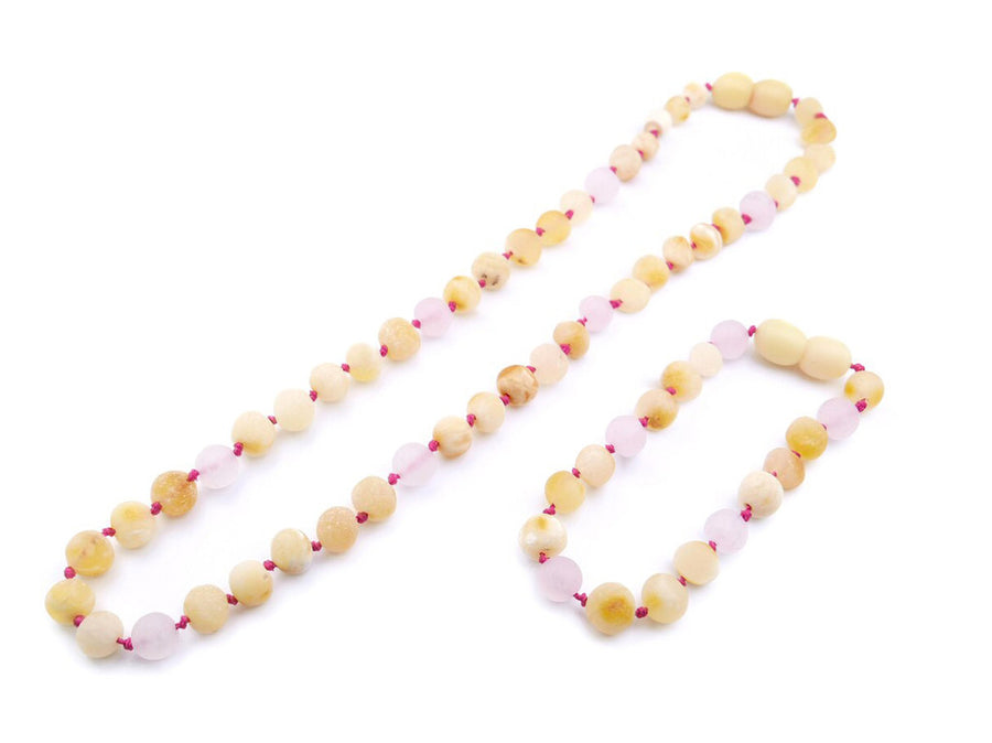 RAW BUTTERSCOTCH BALTIC AMBER NECKLACE/BRACELET SET WITH ROSE QUARTZ