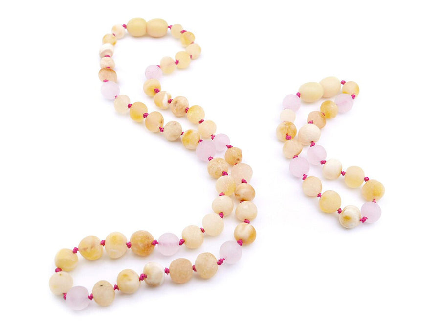 RAW BUTTERSCOTCH BALTIC AMBER NECKLACE/BRACELET SET WITH ROSE QUARTZ