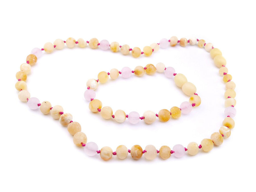 RAW BUTTERSCOTCH BALTIC AMBER NECKLACE/BRACELET SET WITH ROSE QUARTZ