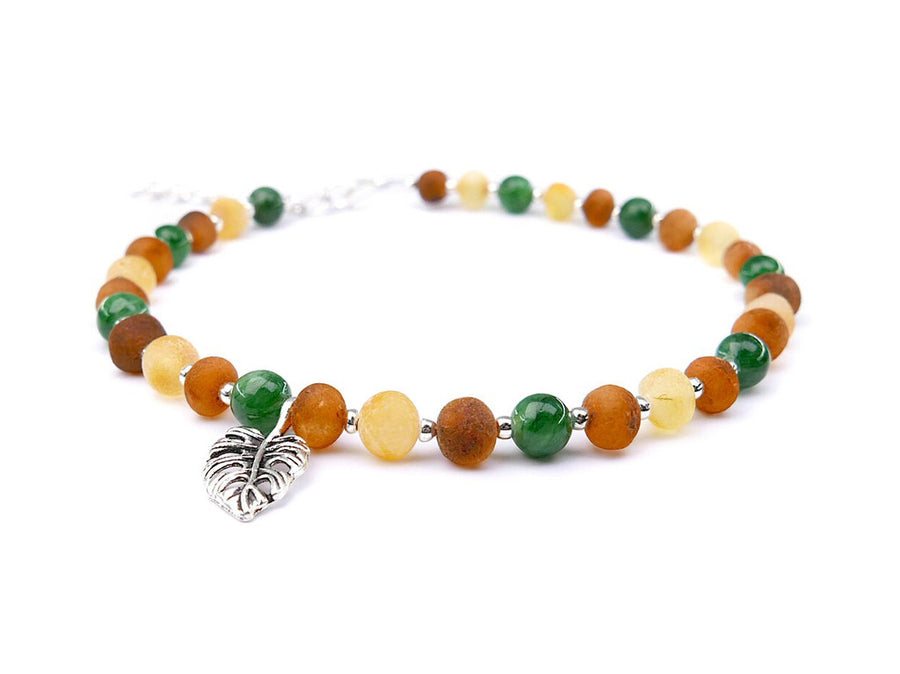 ADJUSTABLE MULTICOLOR BALTIC AMBER ADULT ANKLET WITH JADE