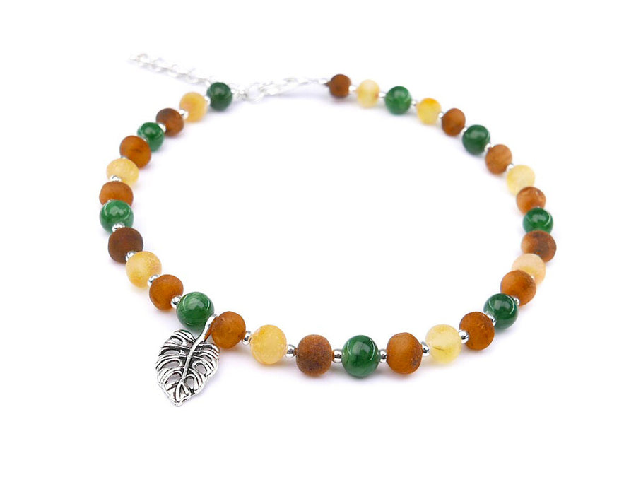 ADJUSTABLE MULTICOLOR BALTIC AMBER ADULT ANKLET WITH JADE