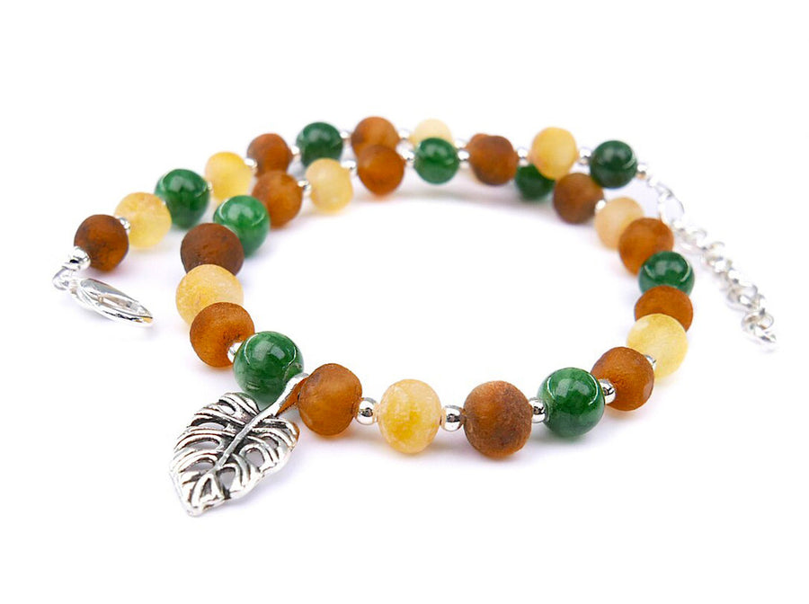 ADJUSTABLE MULTICOLOR BALTIC AMBER ADULT ANKLET WITH JADE