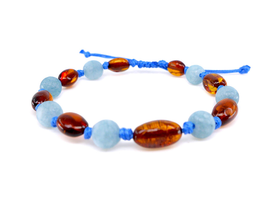 ADJUSTABLE COGNAC BALTIC AMBER BRACELET / ANKLET WITH BLUE AQUAMARINE